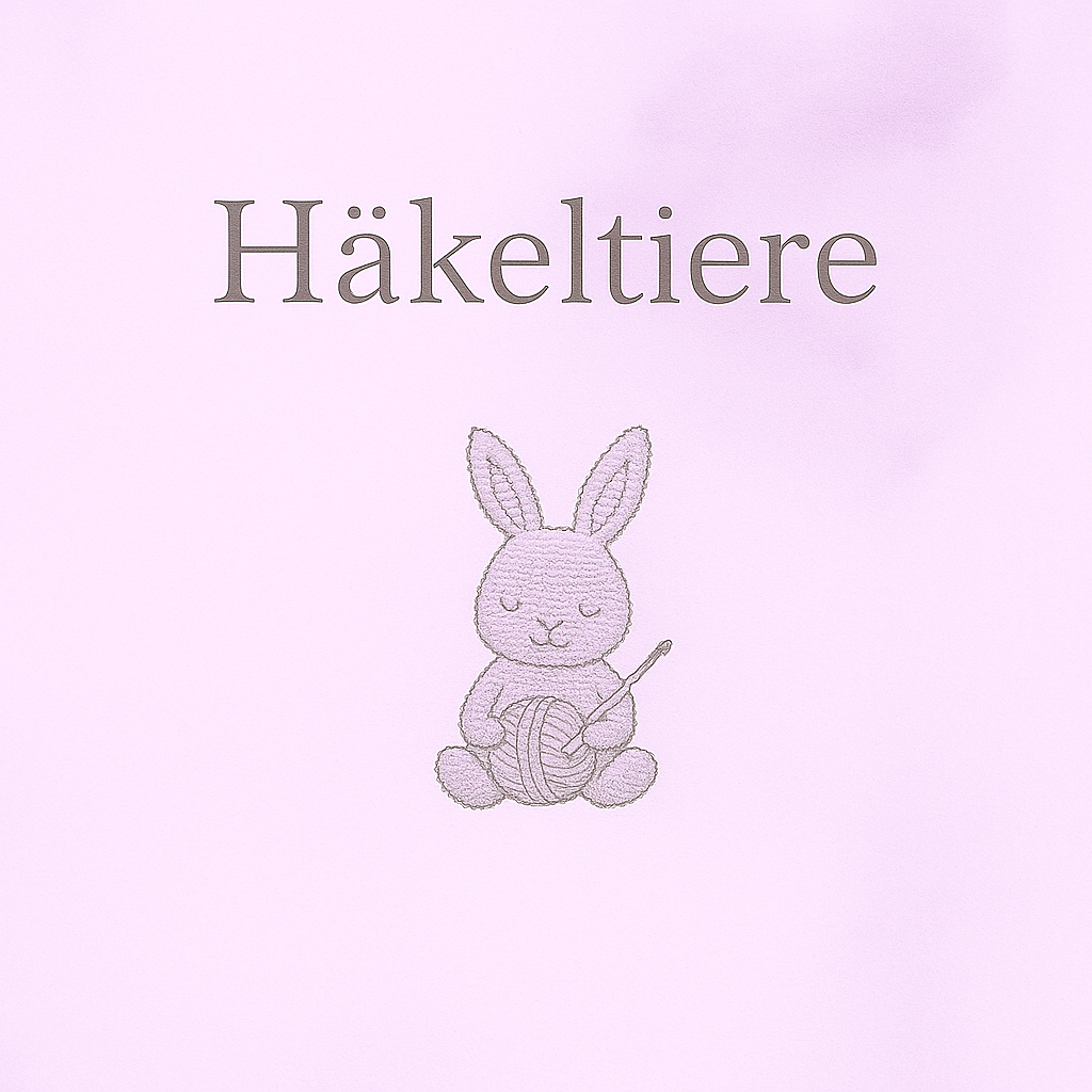 Kategorie Gezeichneter Hase mit Wollknäuel und Häkelnadel unter dem Schriftzug 'Häkeltiere' auf rosa Hintergrund