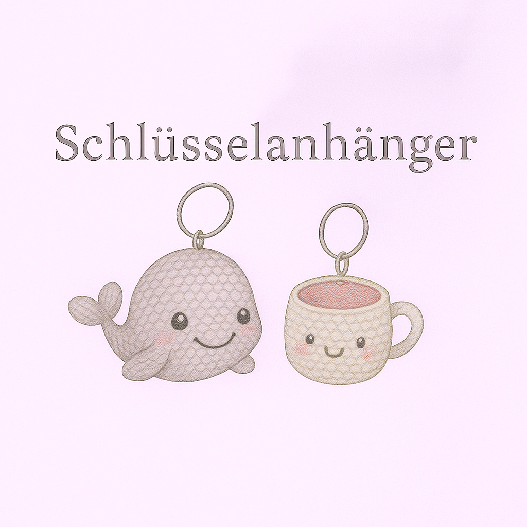 ategorie Schlüsselanhänger – gehäkelter Wal und gehäkelte Tasse mit Gesicht auf rosa Hintergrund